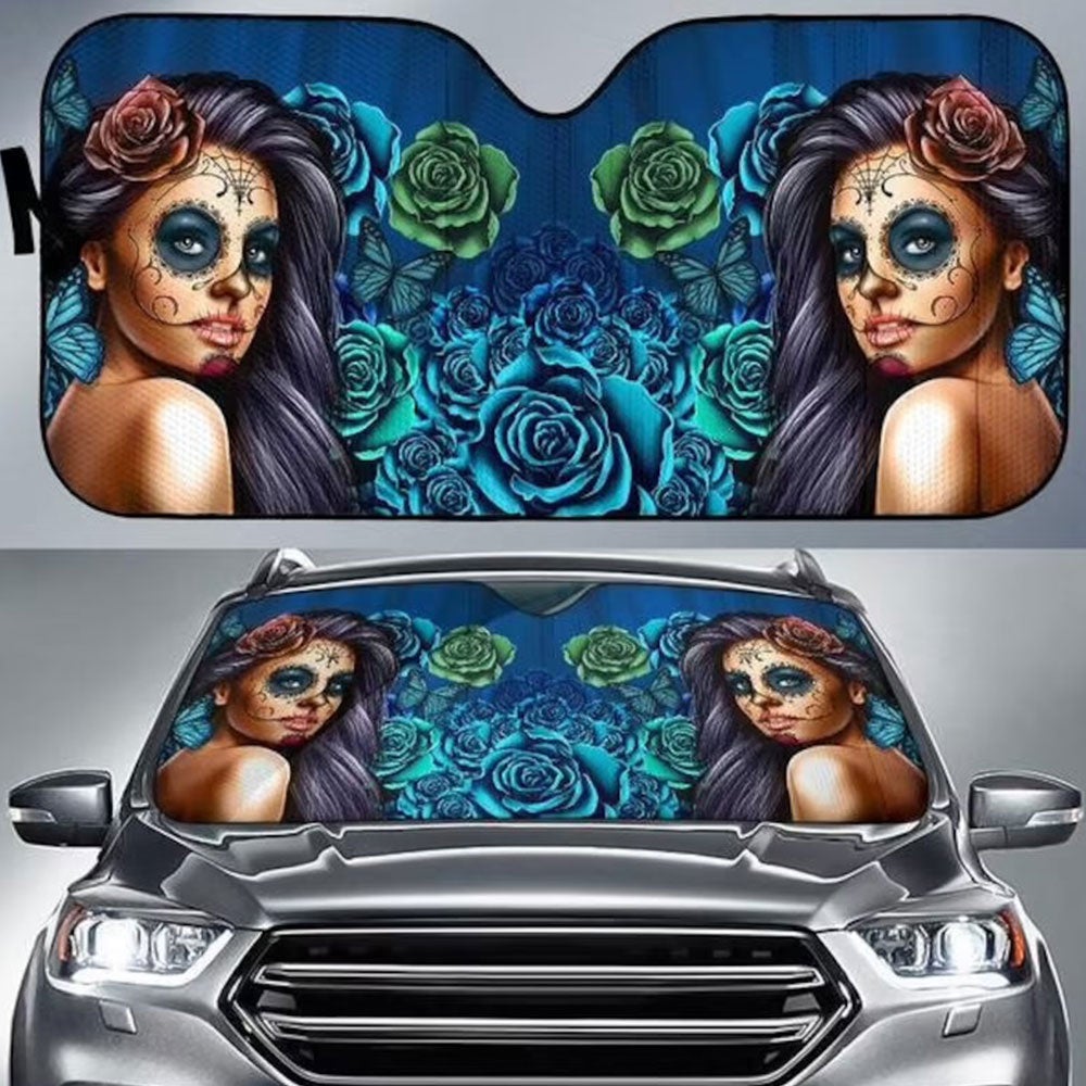 Calavera Girl Blue Car Auto Sun Shades Windshield Accessories Decor Gift