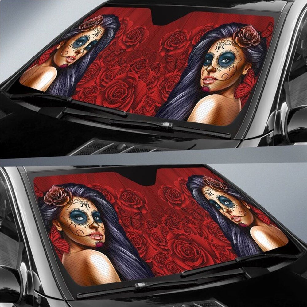 Calavera Girl Red Car Auto Sun Shades Windshield Accessories Decor Gift