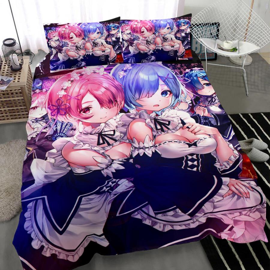 Ram And Rem Anime Girl Re Zero Bedding Set Duvet Cover And 2 Pillowcases