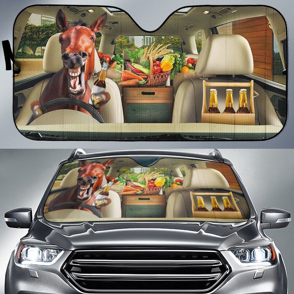 Funny Horse Drinks Beer Right Hand Drive Car Auto Sunshades