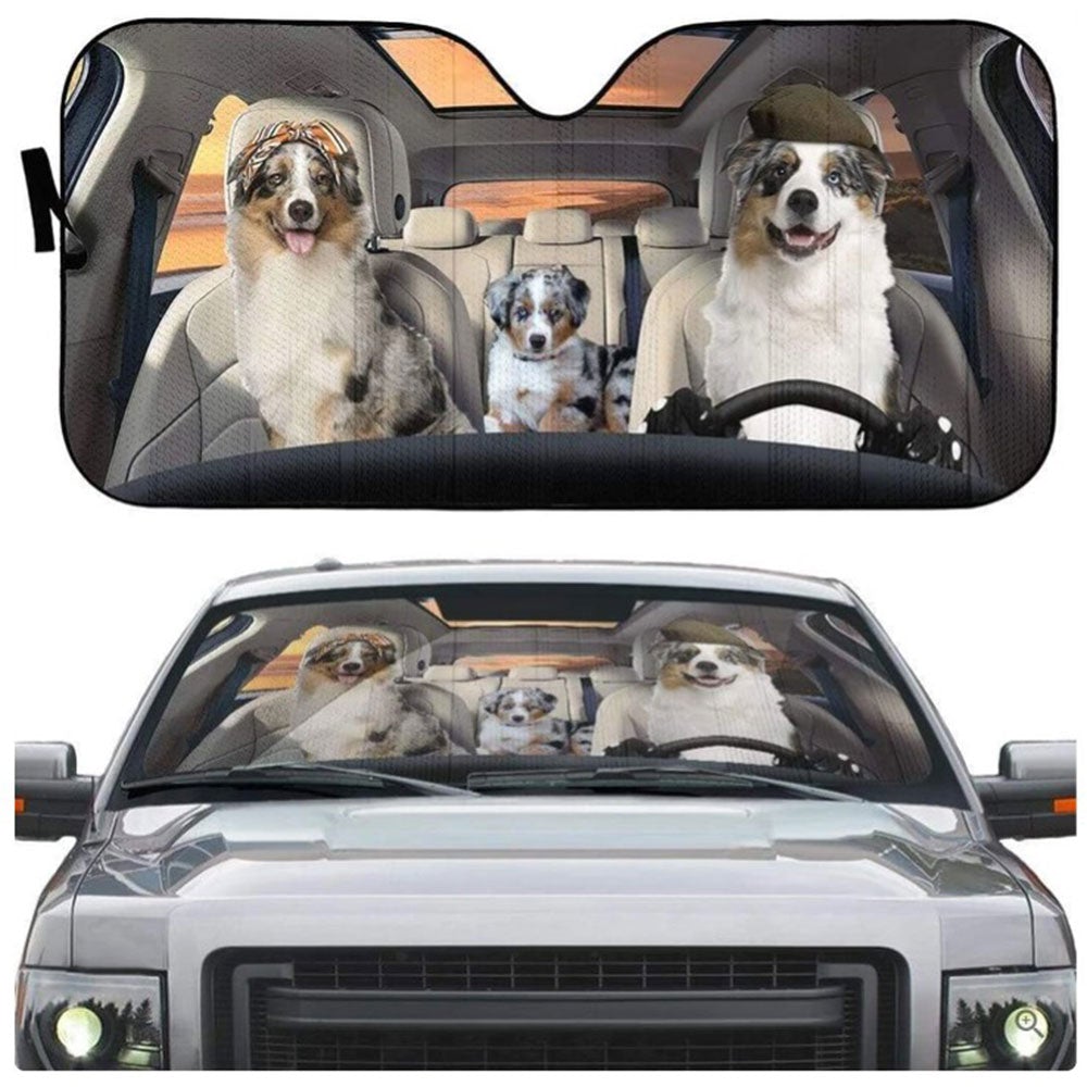 Australian Shepherd Family Dogs Custom Car Auto Sun Shades Windshield Accessories Decor Gift