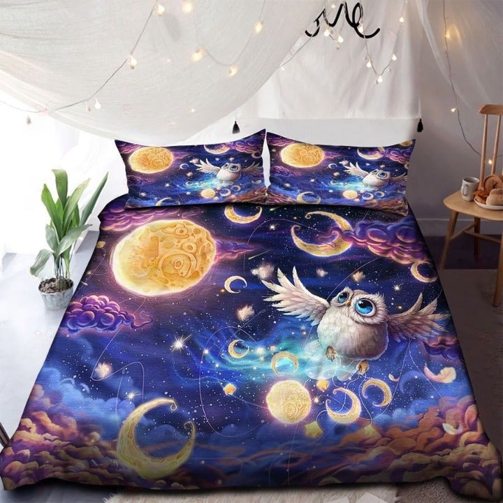 Galaxy Owl And Moon Bedding Set Duvet Cover And 2 Pillowcases