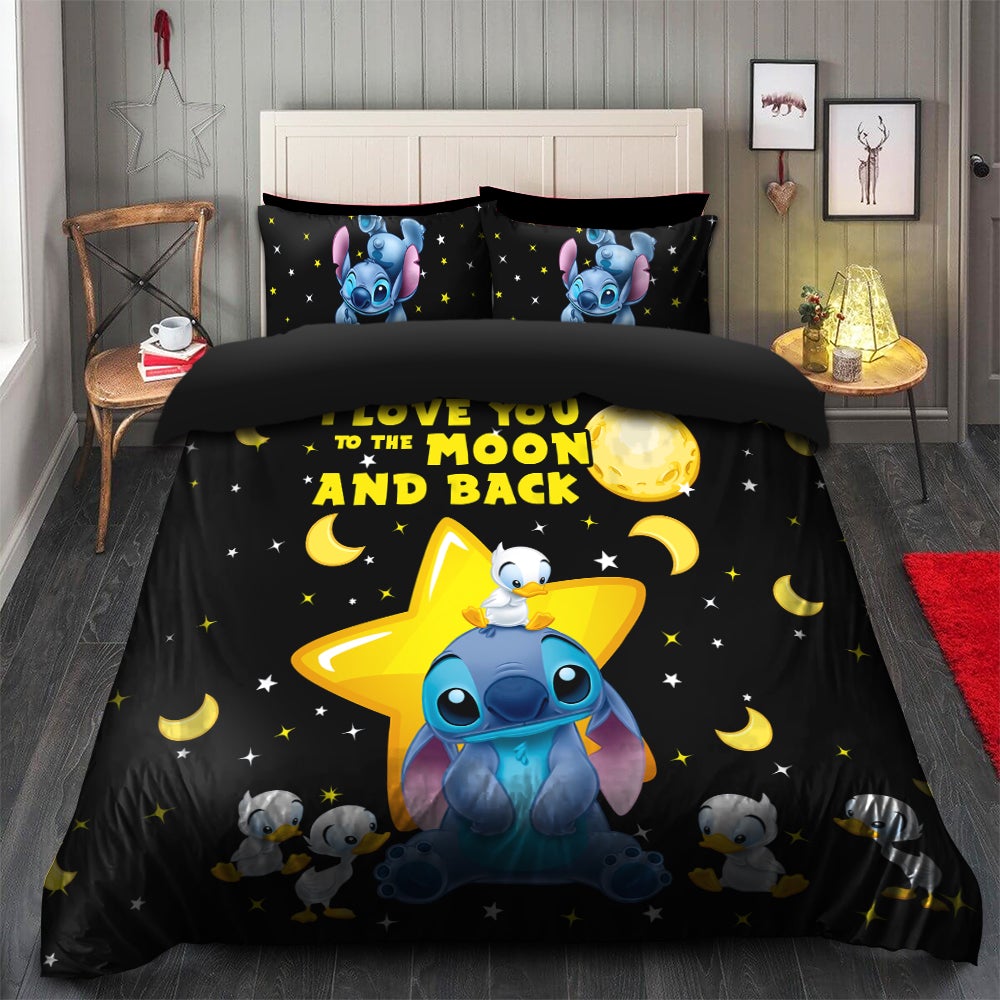 Cute Stitch love Moon Back And Dutch Black Bedding Set Duvet Cover And 2 Pillowcases