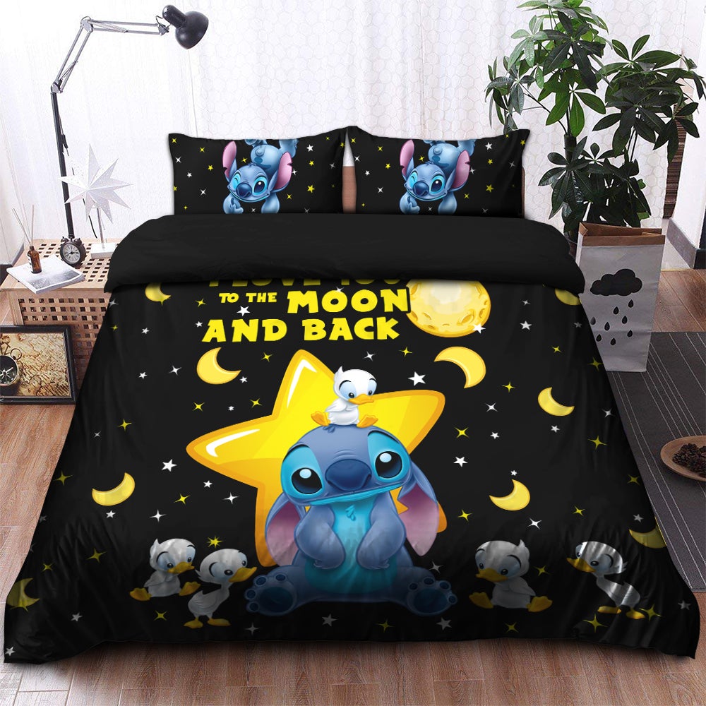 Cute Stitch love Moon Back And Dutch Black Bedding Set Duvet Cover And 2 Pillowcases