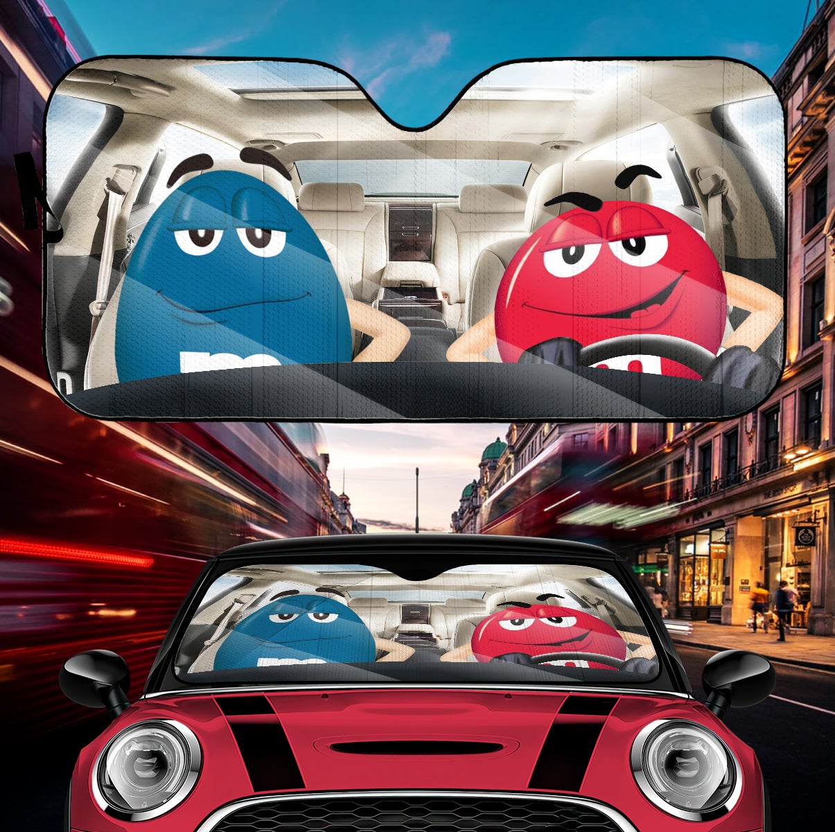 Funny M&M Chocolate Blue Red Driving Car Auto Sunshade