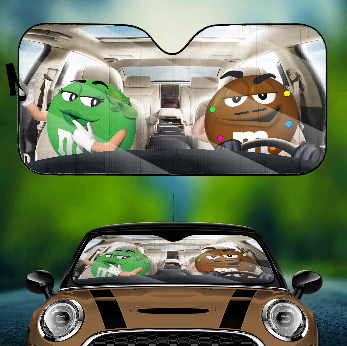 Funny M&M Chocolate Green Brown Driving Car Auto Sunshade