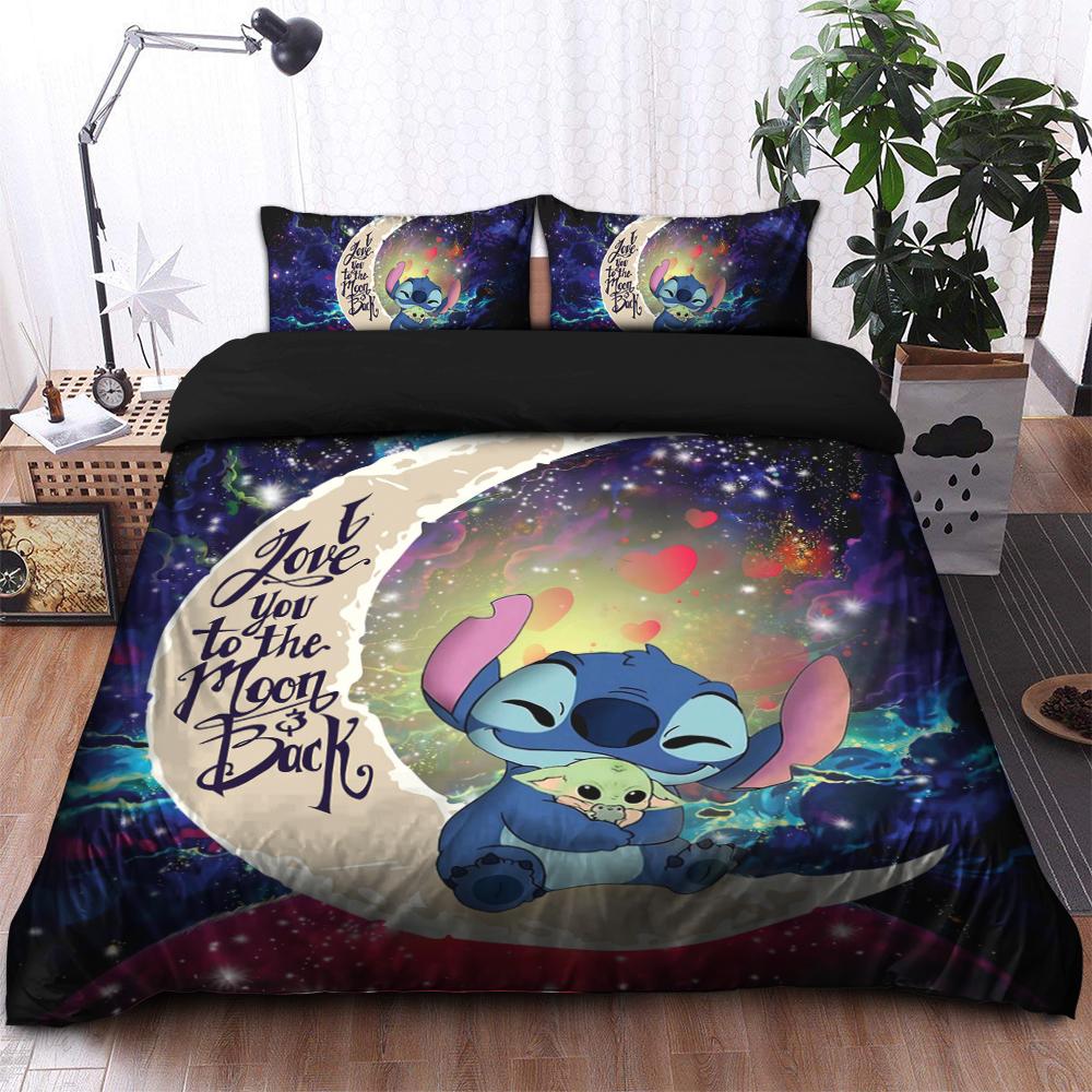 Stitch Hold Baby Yoda Love You To The Moon Galaxy Bedding Set Duvet Cover And 2 Pillowcases