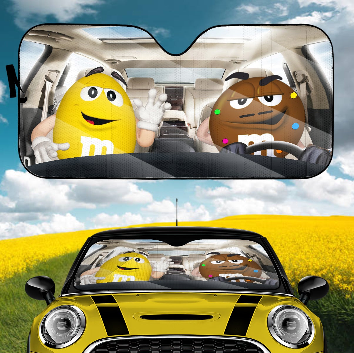 Funny M&M Chocolate Yellow Brown Driving Car Auto Sunshade