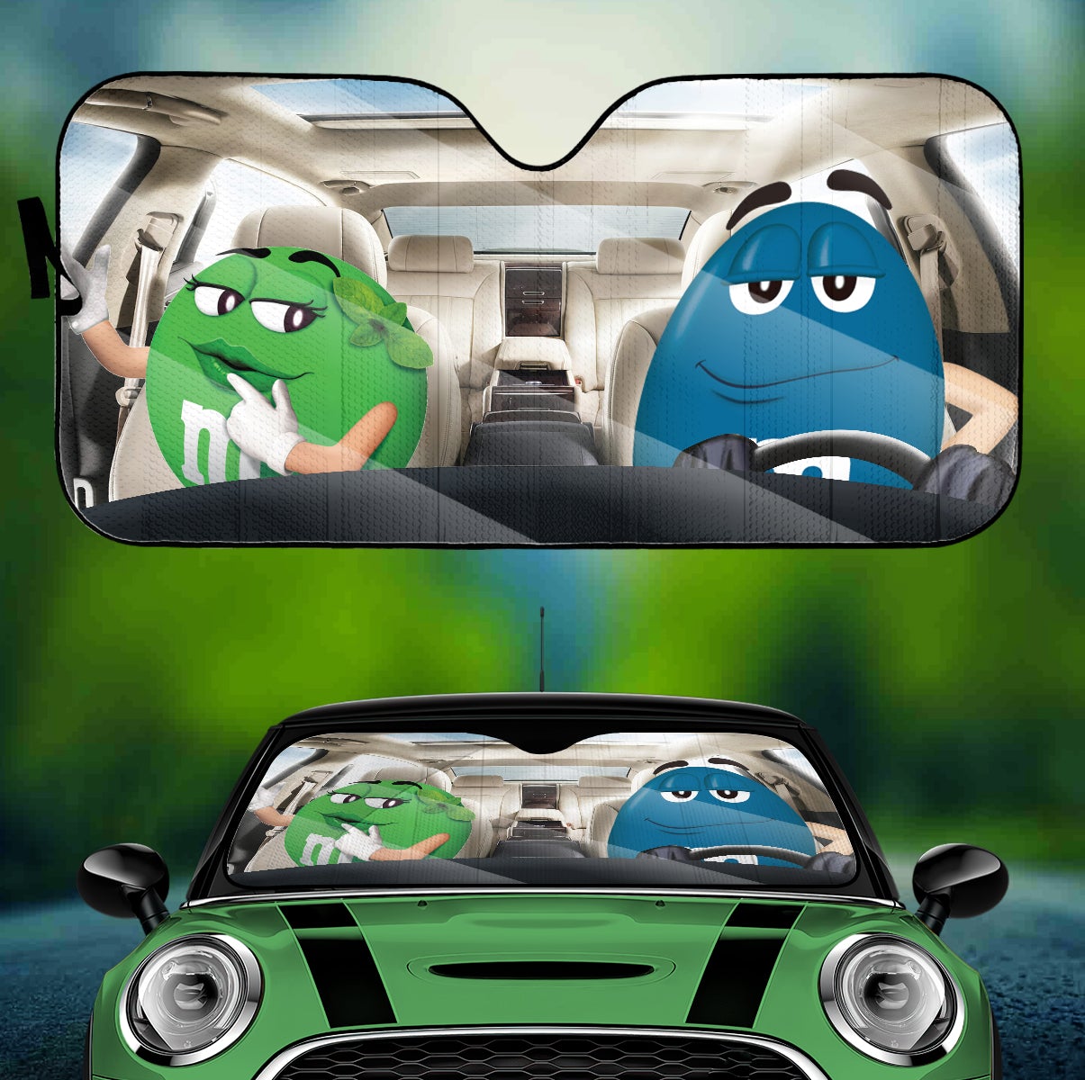 Funny M&M Chocolate Green Blue Driving Car Auto Sunshade