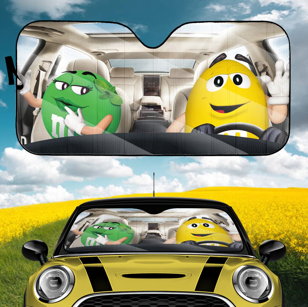Funny M&M Chocolate Green Yellow Driving Car Auto Sunshade