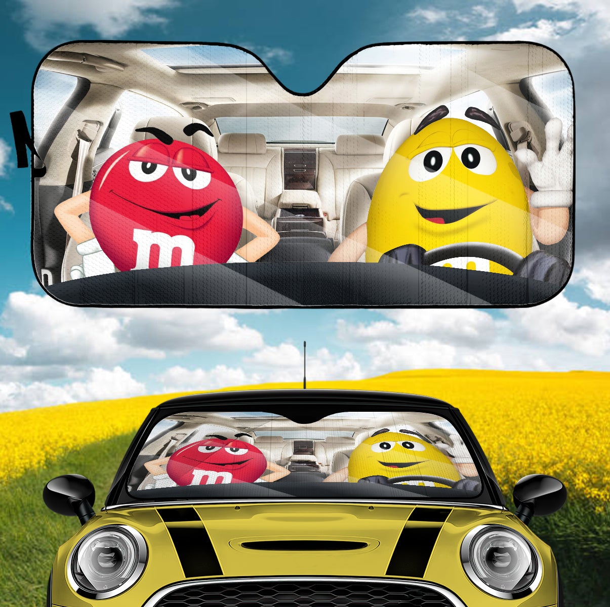 Funny M&M Chocolate Red Yellow Driving Car Auto Sunshade