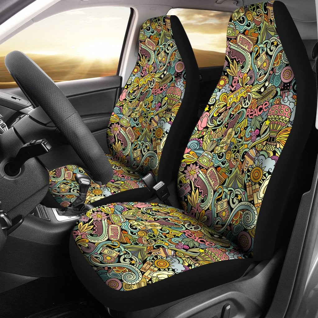 Best Hippie Hand Drawn Doodles Seamless Pattern Premium Custom Car Seat Covers Decor Protector
