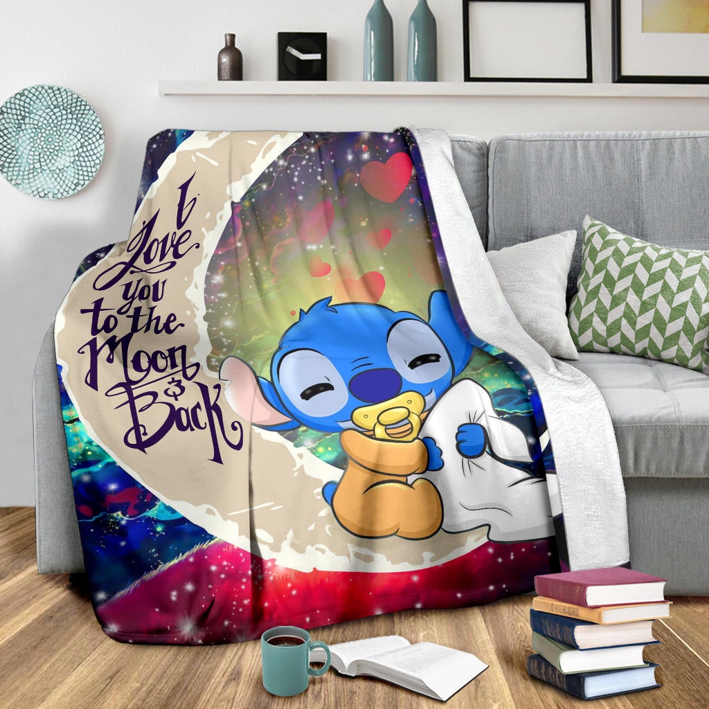 Cute Baby Stitch Sleep Love You To The Moon Galaxy Premium Blanket