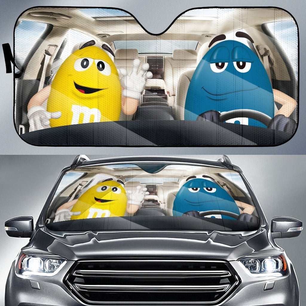 Funny M&M Chocolate Yellow Blue Driving Car Auto Sunshade