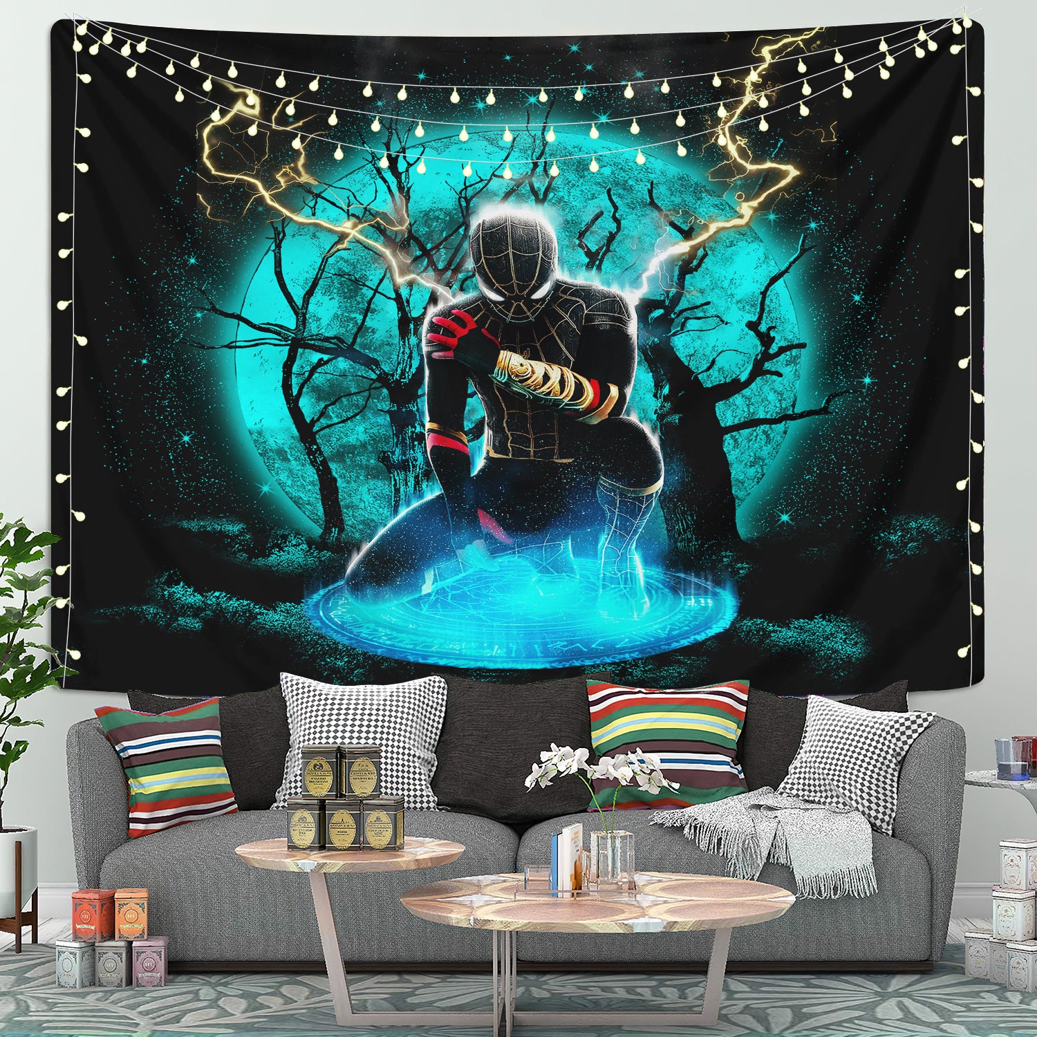 Spider Man Black Suit No Way Home Moonlight Tapestry Room Decor - Nearkii 