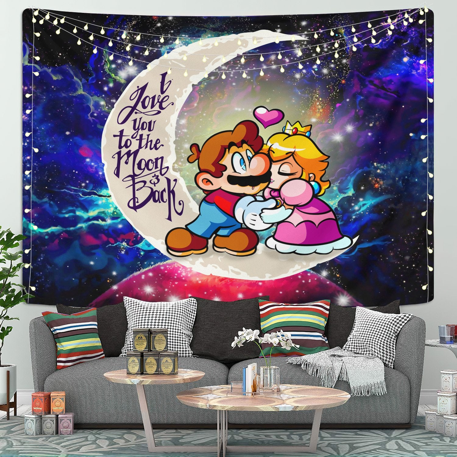 Mario Couple Moon And Back Galaxy Tapestry Room Decor