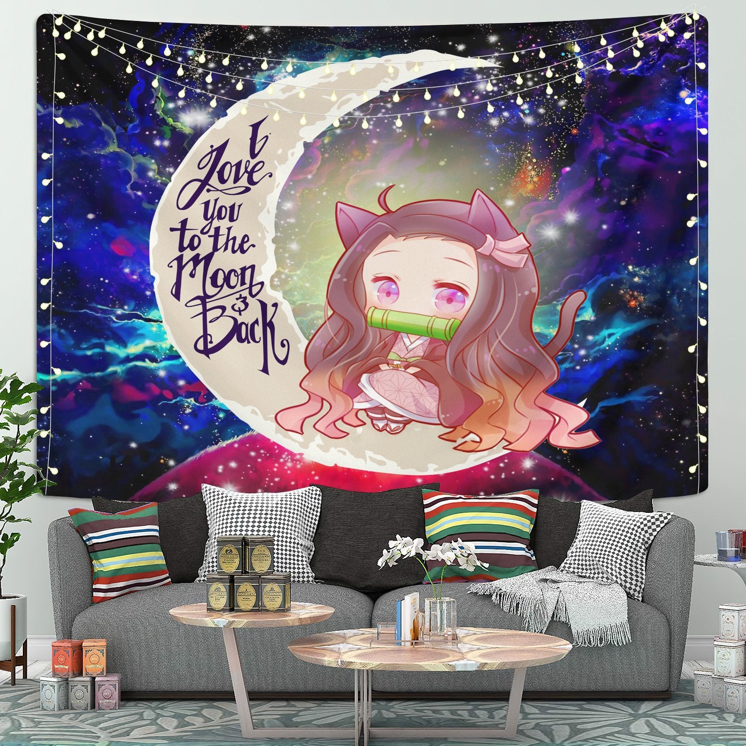 Nezuko Demon Slayer Moon And Back Galaxy Tapestry Room Decor