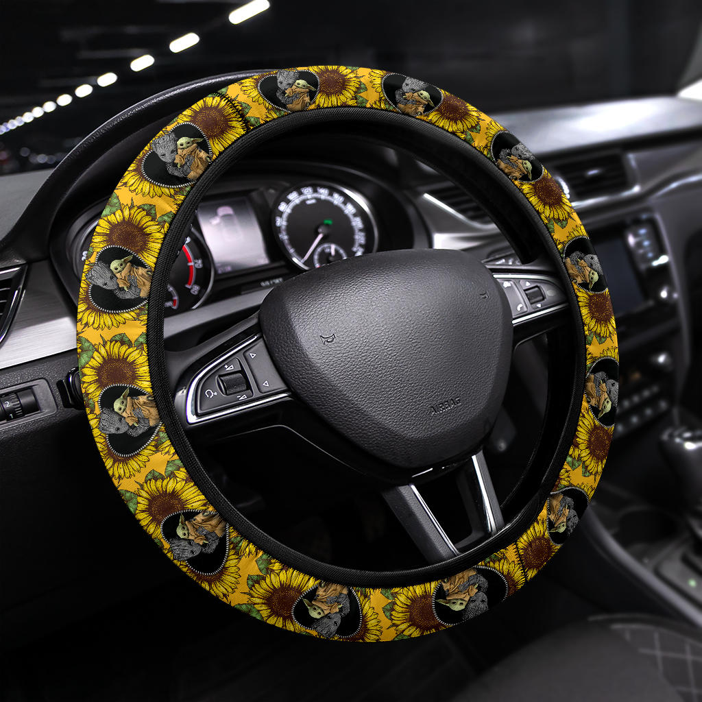 Baby Groot And Baby Yoda Sunflower Car Steering Wheel Cover