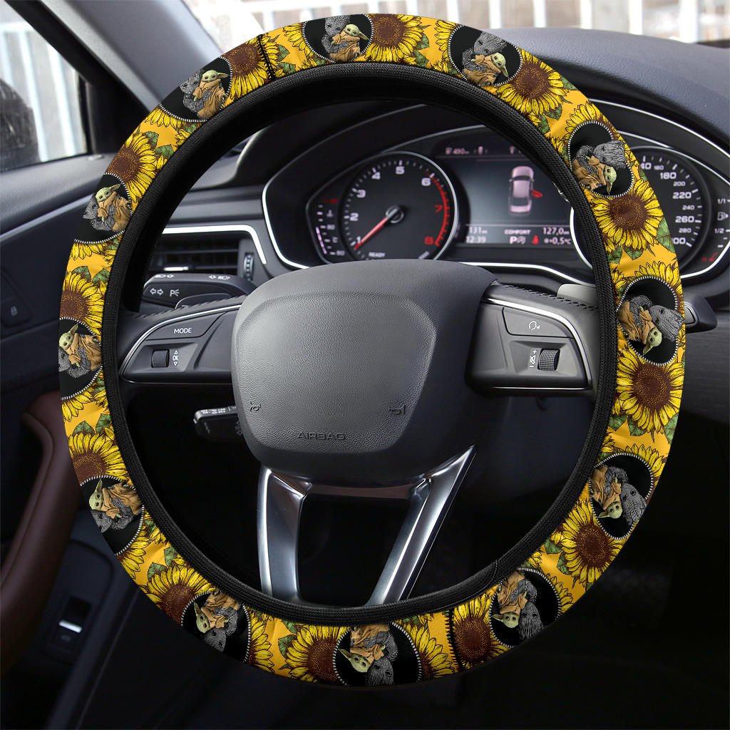 Baby Groot And Baby Yoda Sunflower Car Steering Wheel Cover