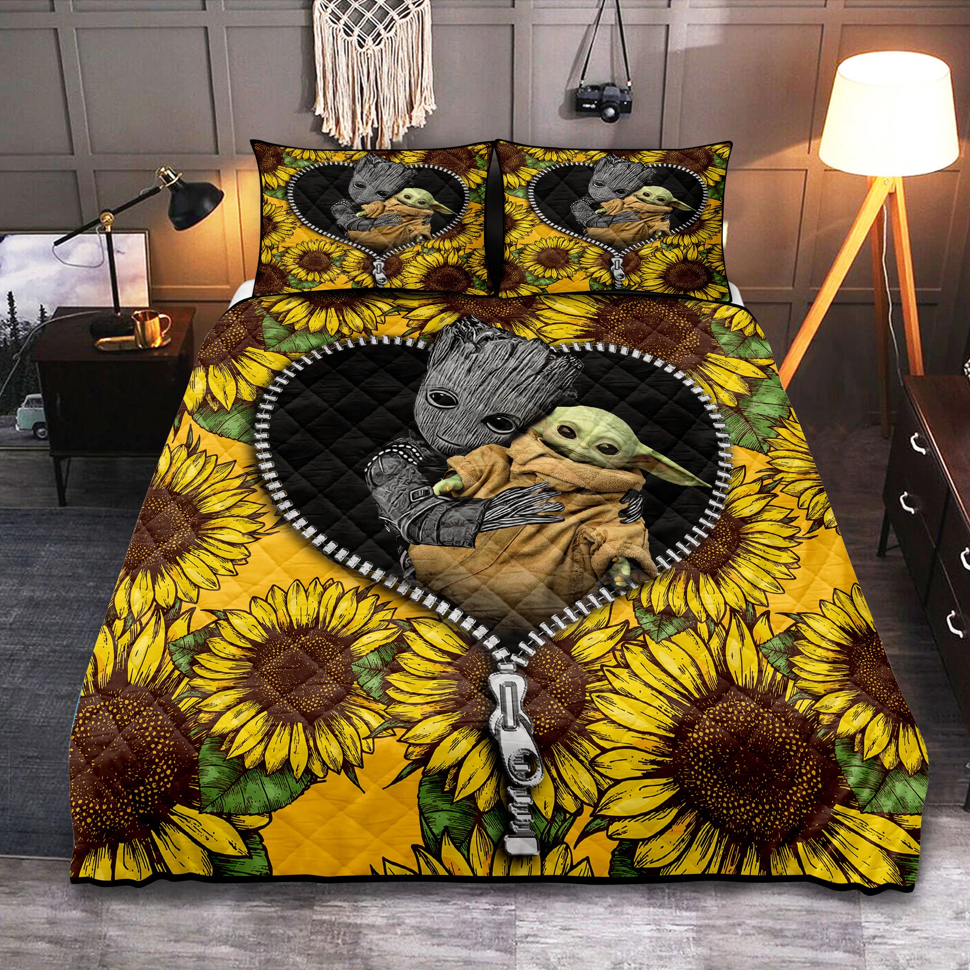 Baby Groot And Baby Yoda Sunflower Zipper Quilt Bed Sets Nearkii