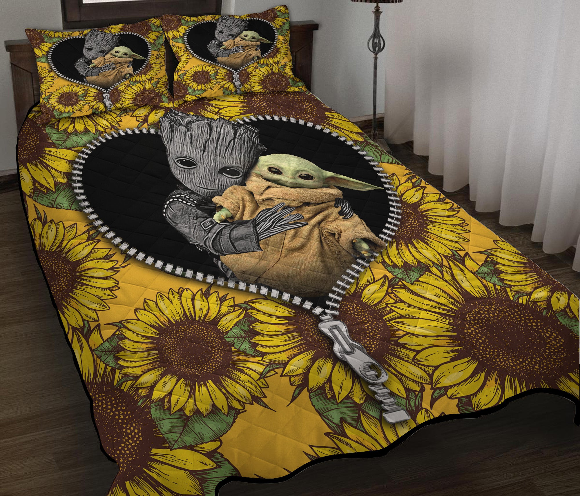 Baby Groot And Baby Yoda Sunflower Zipper Quilt Bed Sets Nearkii