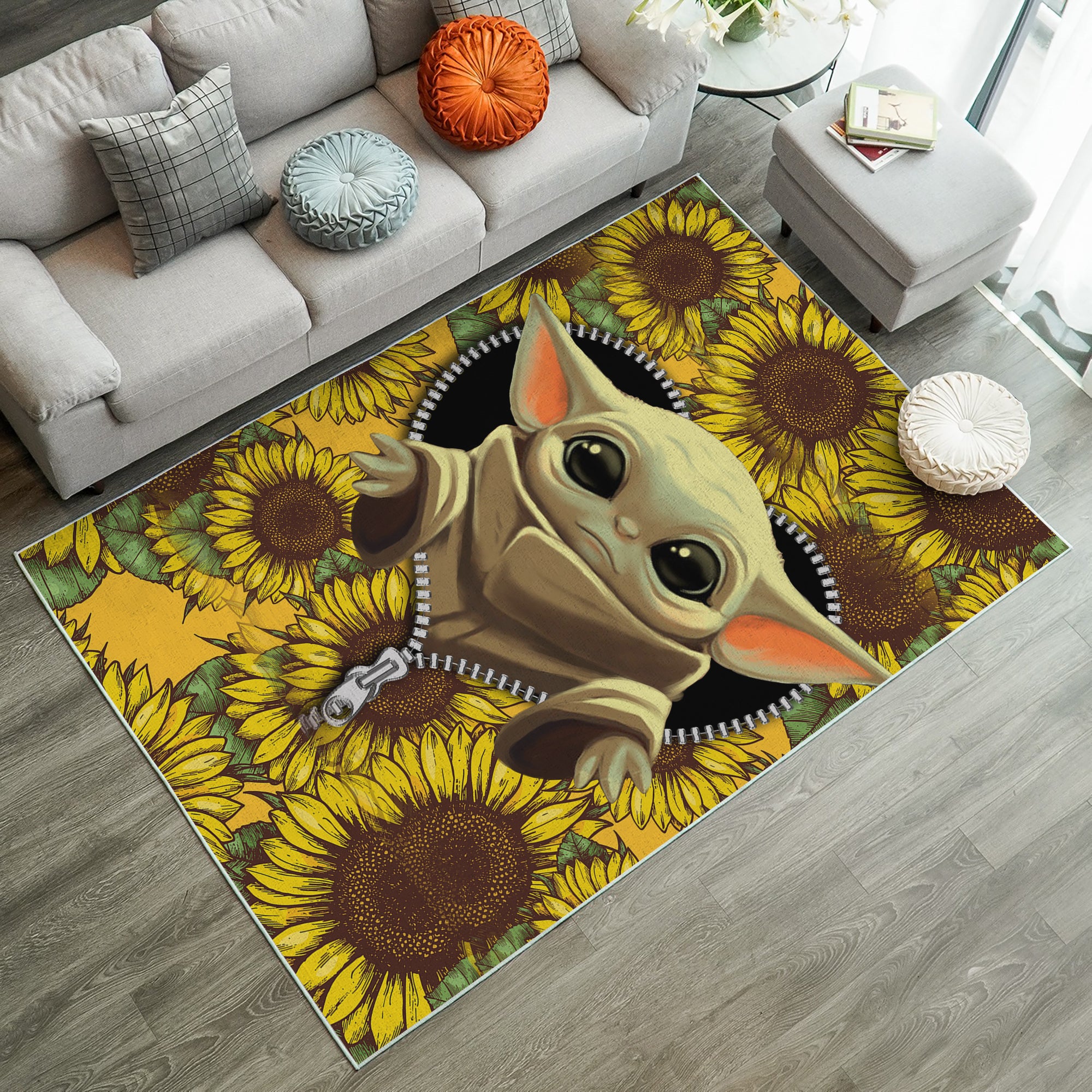 Baby Yoda Sunflower Zipper Rug Carpet Rug Home Room Decor Nearkii