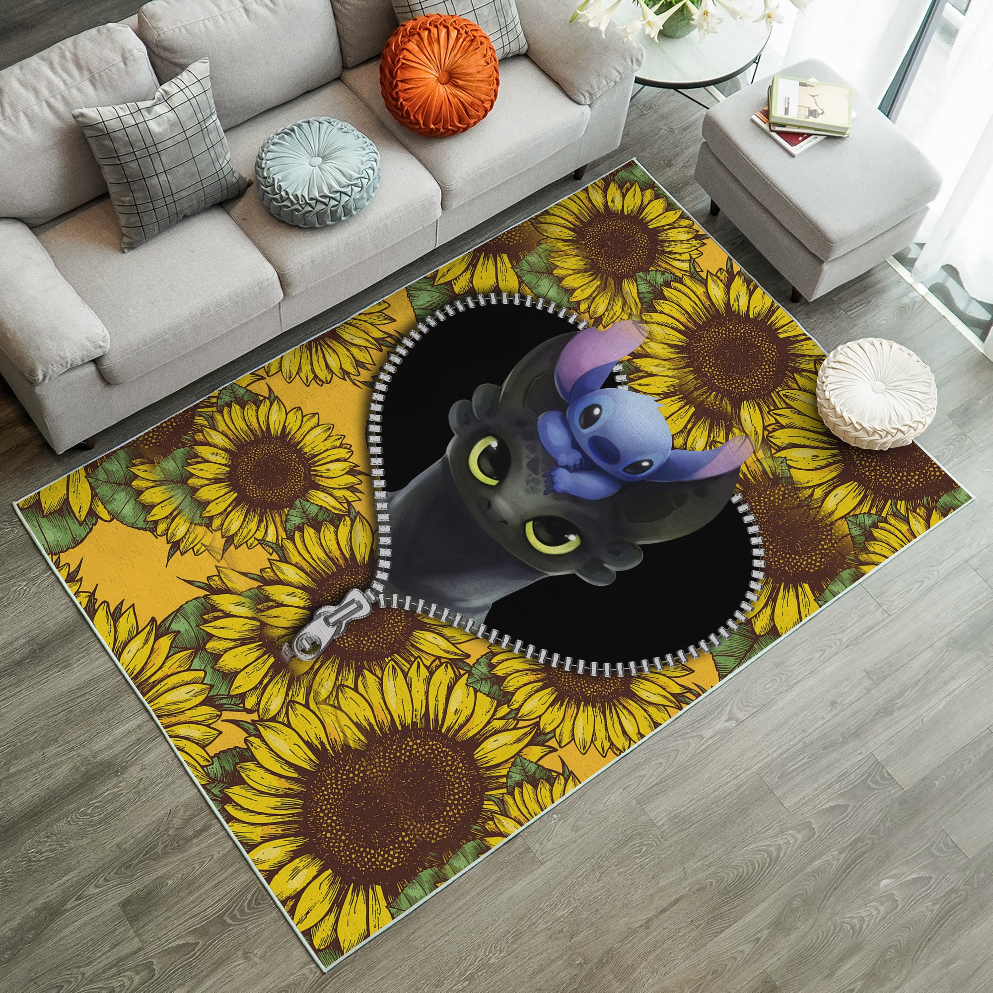 Toothless And Stitch Sunflower Zipper Rug Carpet Rug Home Room Decor Nearkii