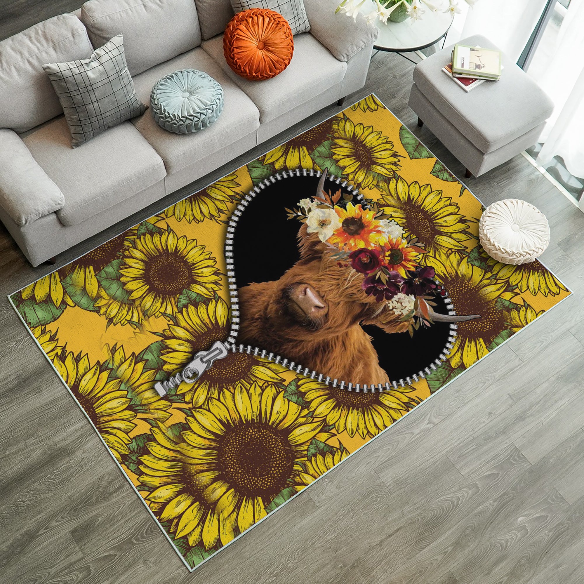 Yak Animal Sunflower Zipper Rug Carpet Rug Home Room Decor Nearkii
