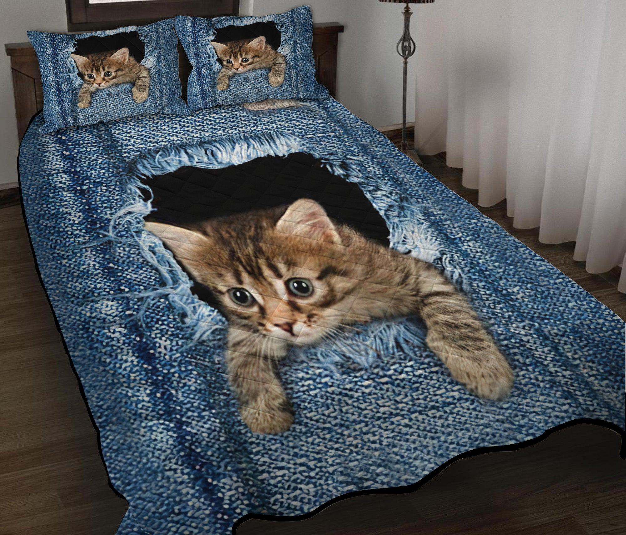 Cute Kitty Cat Jean Hiding Quilt Bed Sets Nearkii