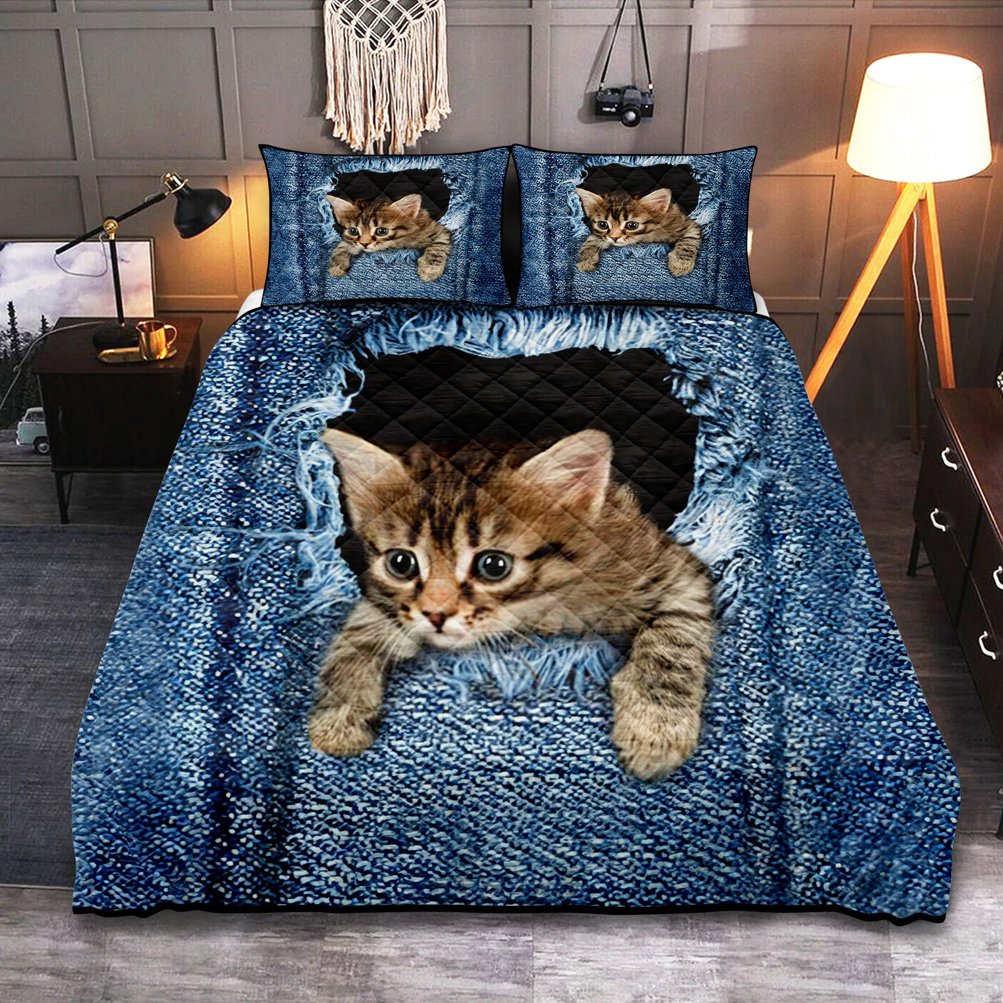 Cute Kitty Cat Jean Hiding Quilt Bed Sets Nearkii