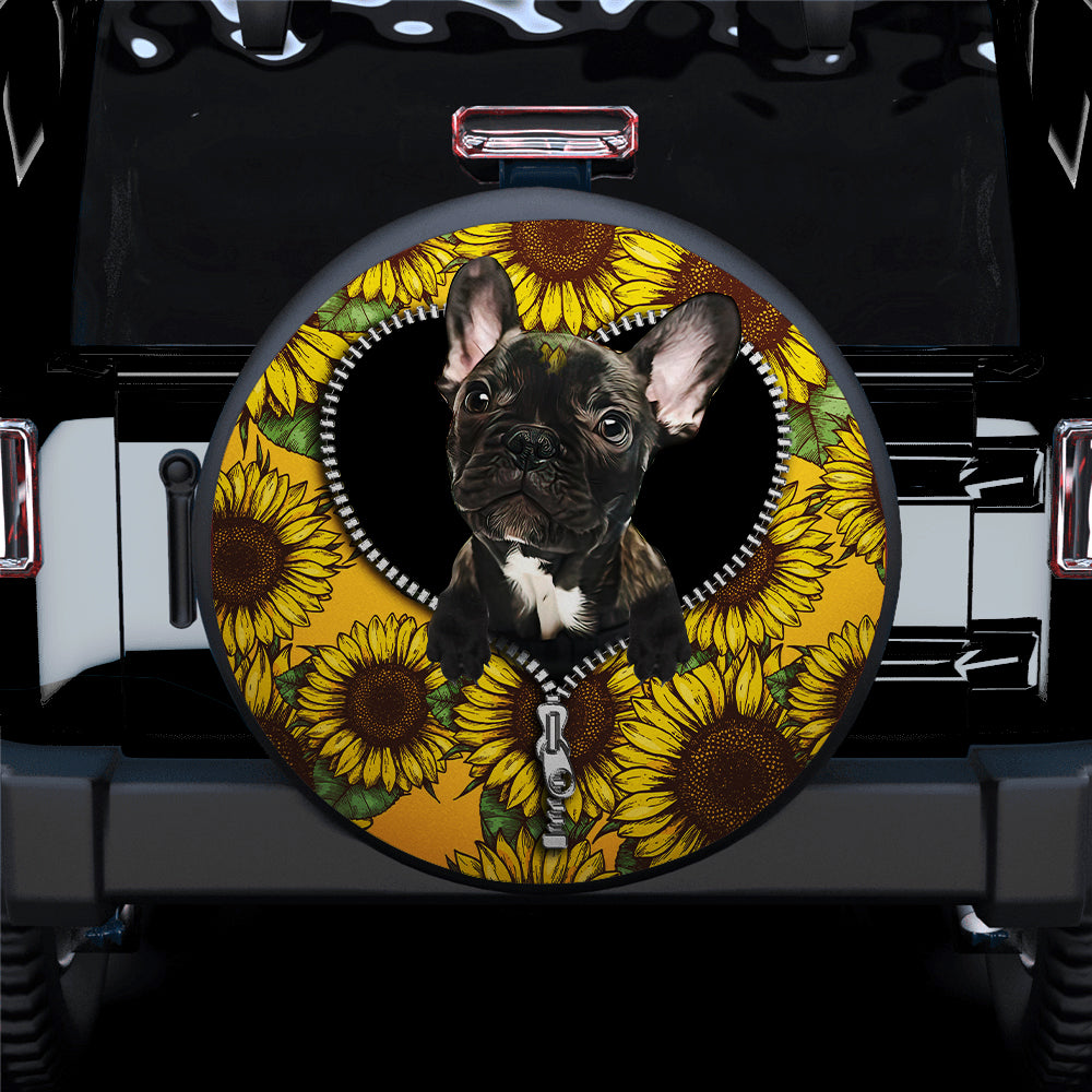 Black French Bulldog Sunflower Zipper Car Spare Tire Covers Gift For Campers Nearkii