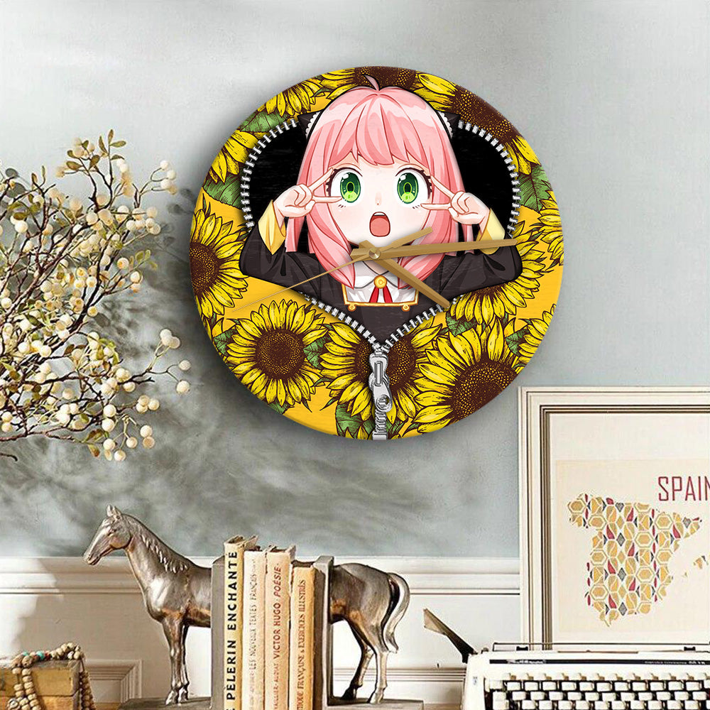 Anya Cute Spy X Family Sunflower Zipper Anime Wood Wall Clock Nearkii
