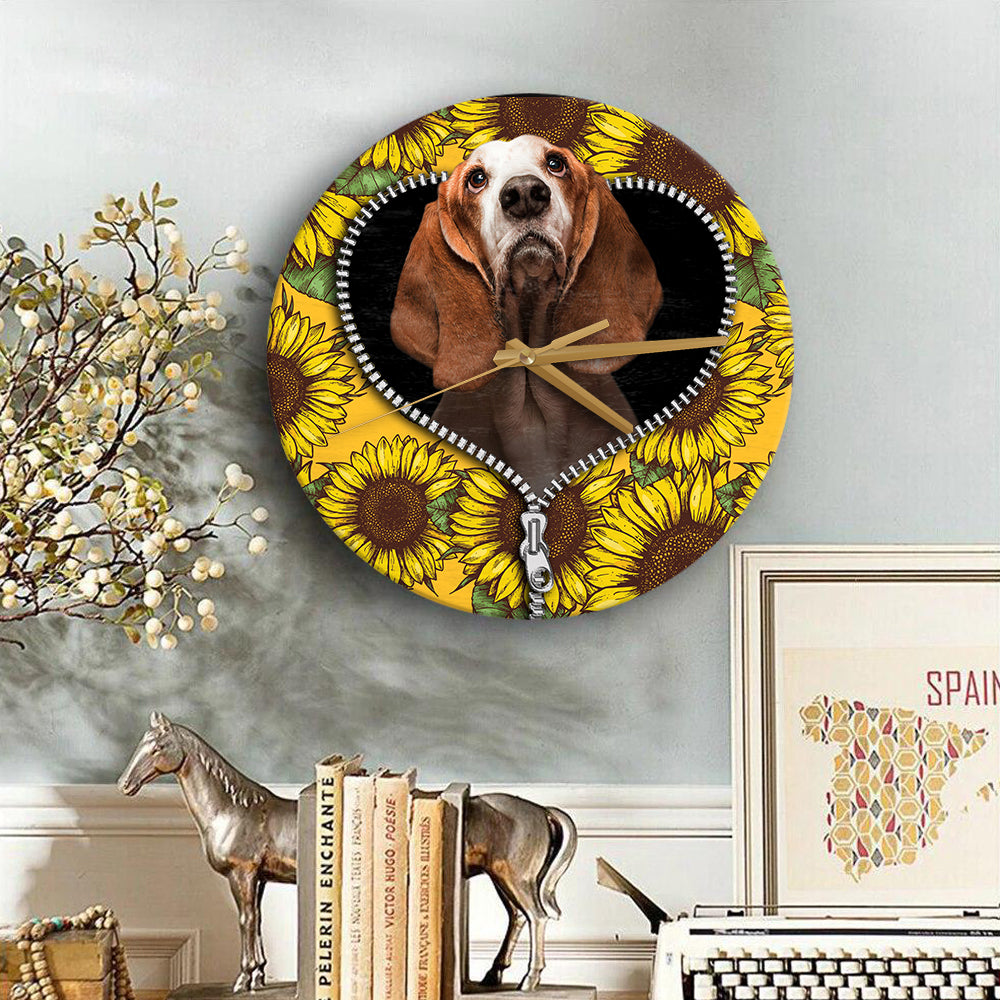 Basset Hound Sunflower Zipper Wood Wall Clock Nearkii