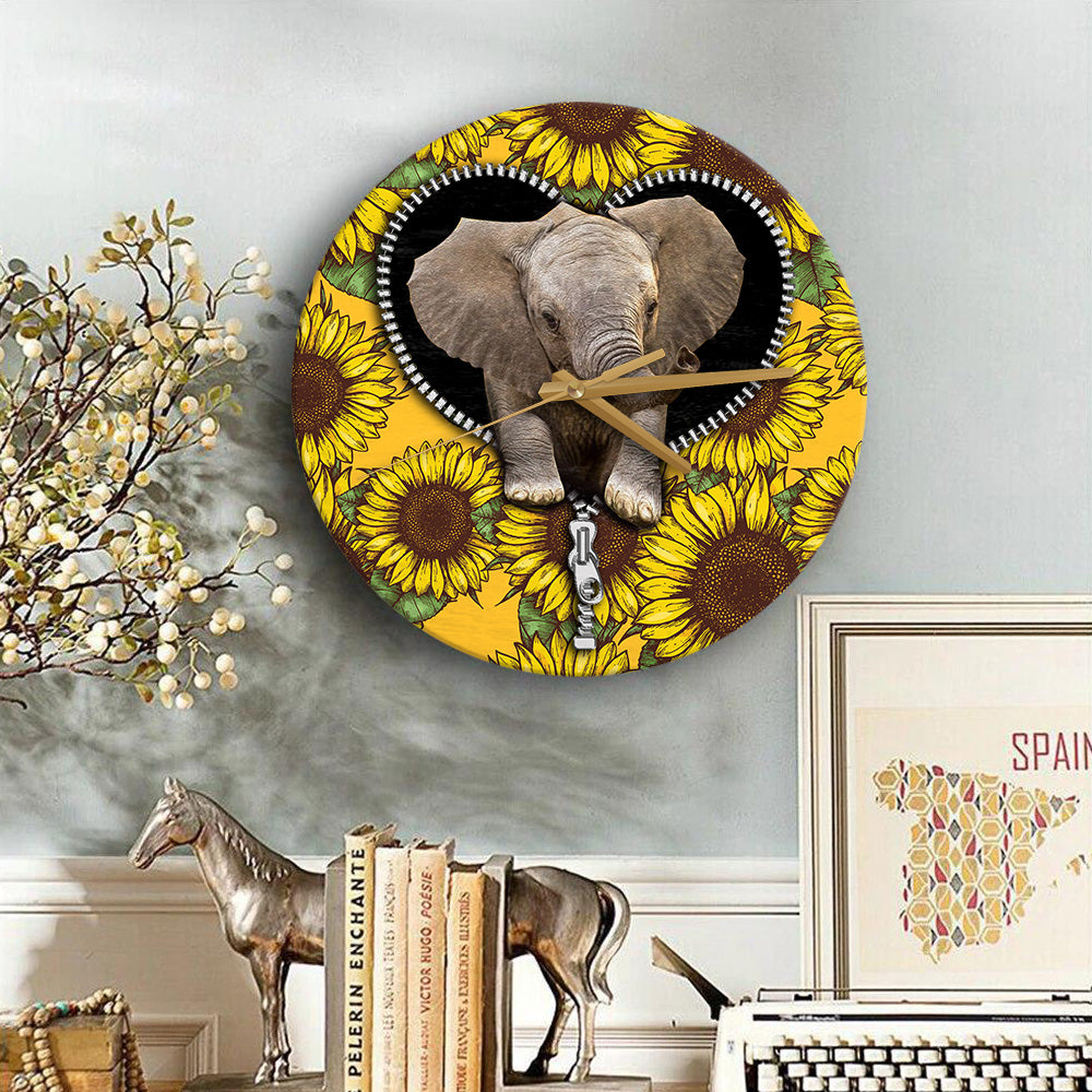 Baby Elephant Sunflower Zipper Wood Wall Clock Nearkii
