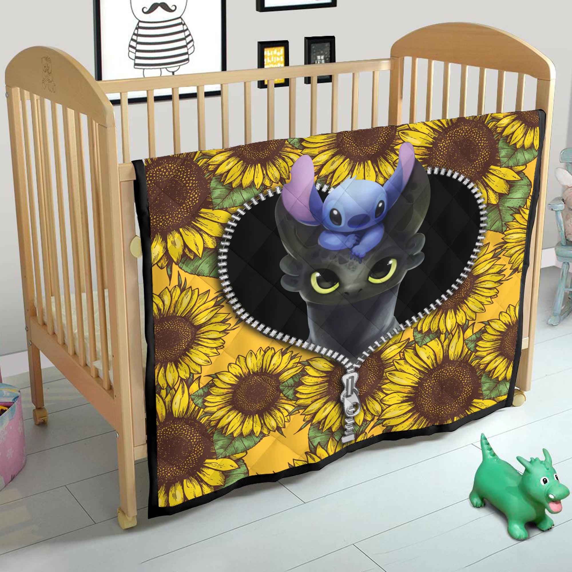Toothless And Stitch Sunflower Zipper Quilt Blanket Nearkii