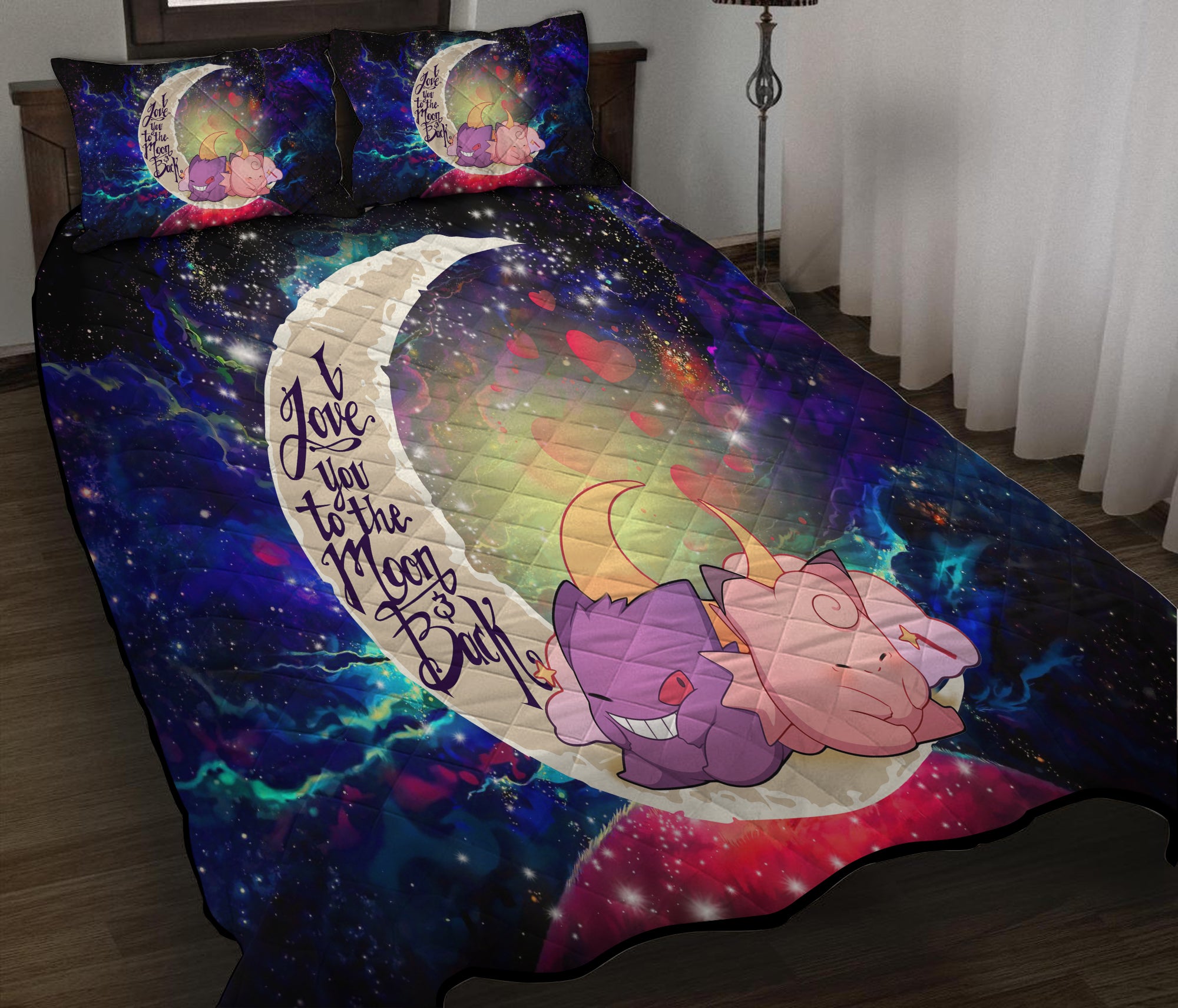 Gengar And Clefable Cute Pokemon Love You To The Moon Galaxy Quilt Bed Sets Nearkii