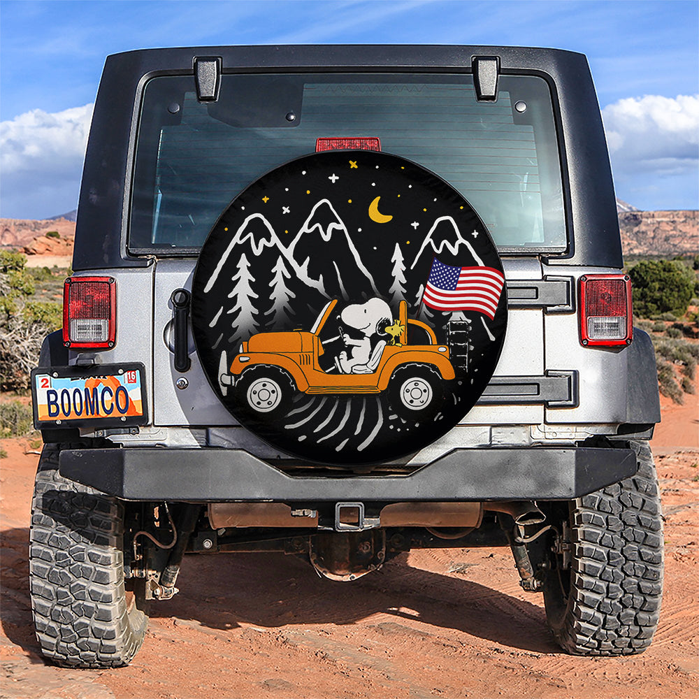 Snoopy Orange Jeep US Flag Mountain Car Spare Tire Covers Gift For Campers Nearkii