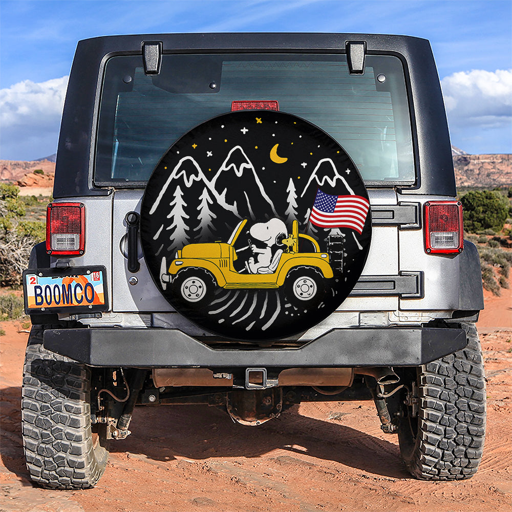 Snoopy Yellow Jeep US Flag Mountain Car Spare Tire Covers Gift For Campers Nearkii