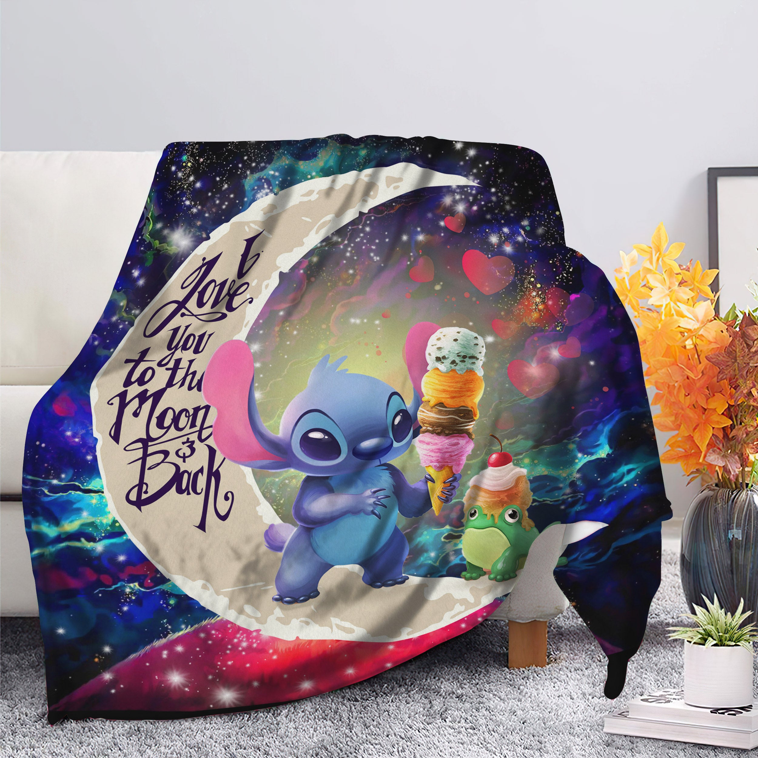 Cute Stitch Frog Icecream Love You To The Moon Galaxy Blanket