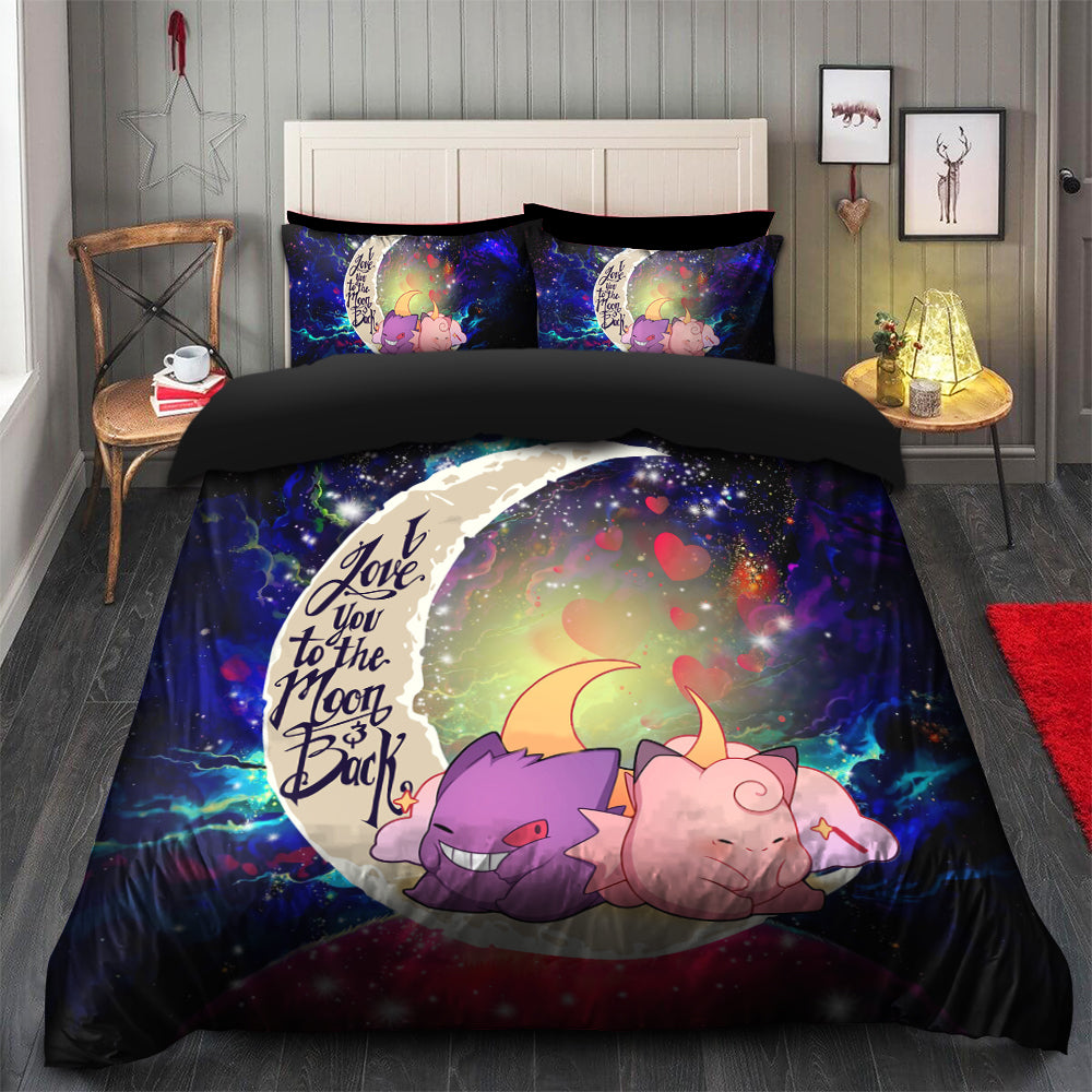 Gengar And Clefable Cute Pokemon Love You To The Moon Galaxy Bedding Set Duvet Cover And 2 Pillowcases Nearkii
