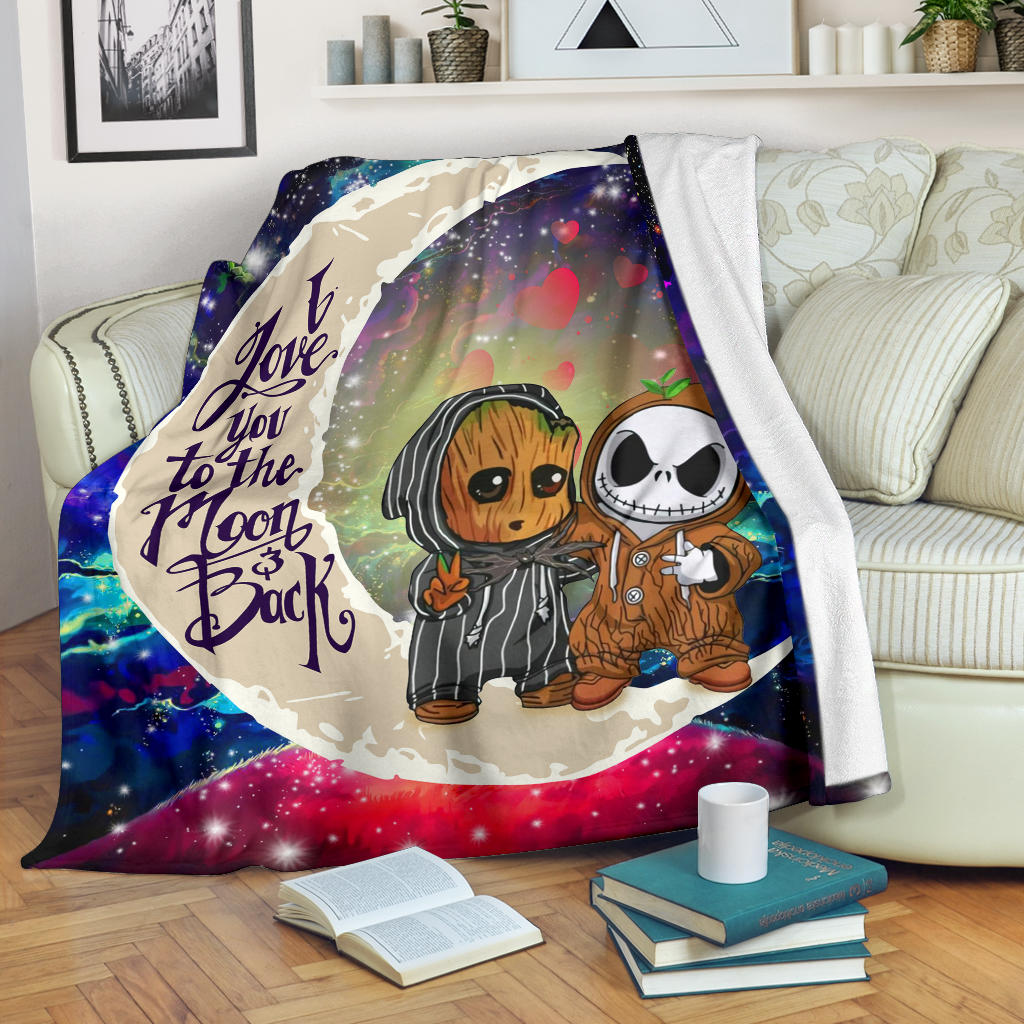 Cute Baby Groot And Jack Nightmare Before Christmas Love You To The Moon Galaxy Blanket