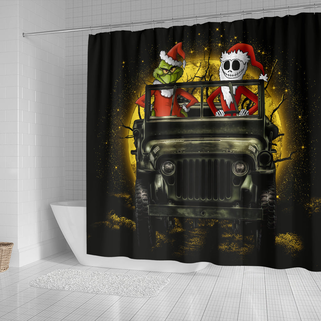 Jack Nightmare Before Christmas And Grinch Ride Jeep Moonlight Hallowwen Shower Curtain Nearkii
