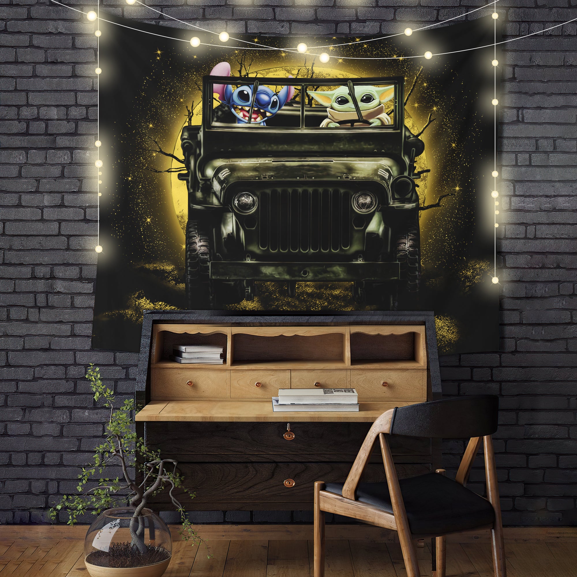 Stitch And Baby Yoda Ride Moonlight Halloween Jeep Funny Tapestry Room
