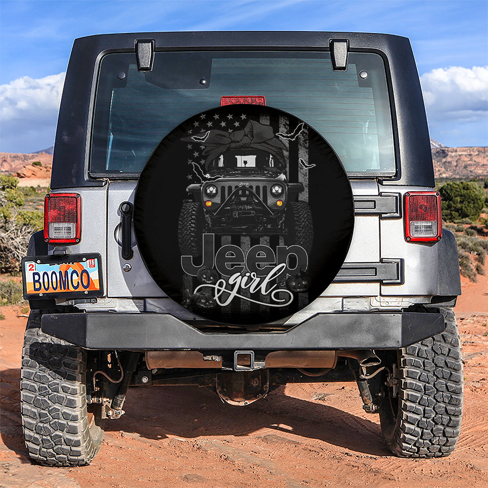 Halloween American Flag Black Jeep Girl Car Spare Tire Covers Gift For Campers Nearkii