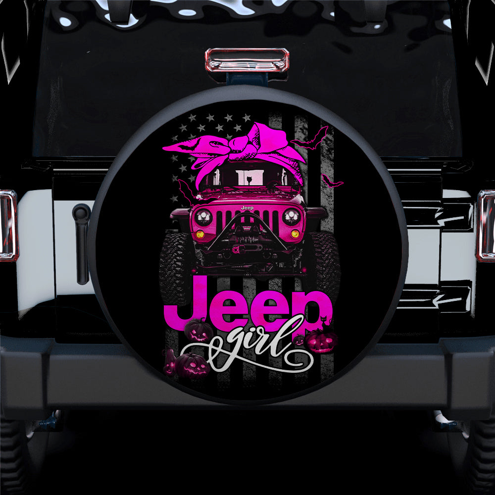 Halloween American Flag Dark Pink Jeep Girl Car Spare Tire Covers Gift For Campers Nearkii
