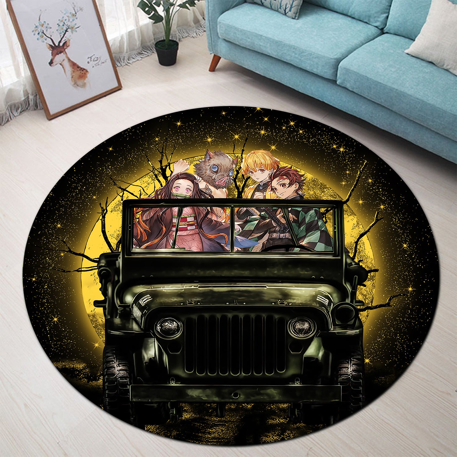 Demon Slayer Anime Jeep Moonlight Halloween Round Carpet Rug Bedroom Livingroom Home Decor Nearkii