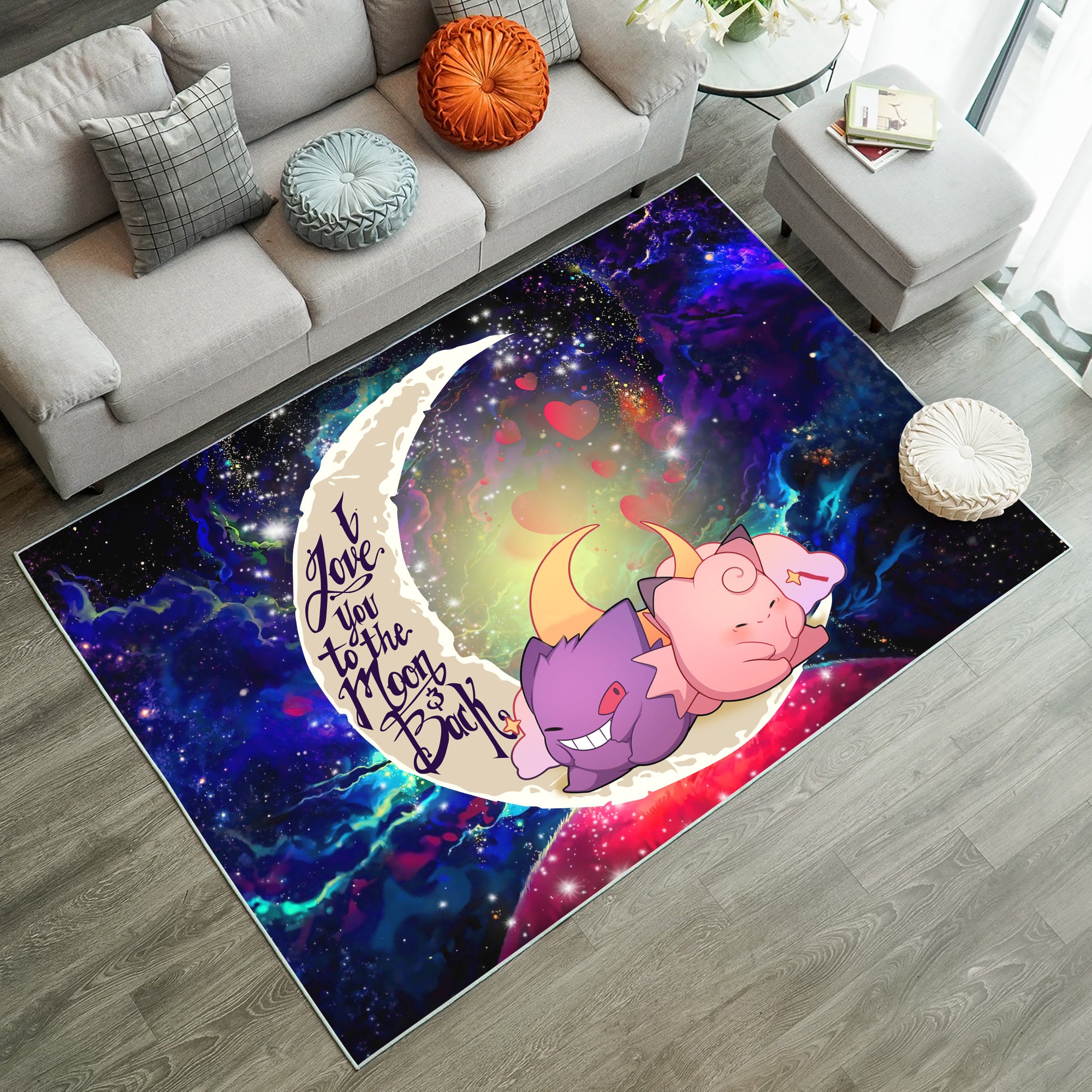 Gengar And Clefable Cute Pokemon Love You To The Moon Galaxy Rug Carpet Rug Home Room Decor Nearkii