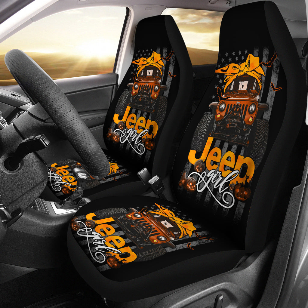 Halloween American Flag Orange Jeep Girl Premium Custom Car Seat Covers Decor Protectors Nearkii