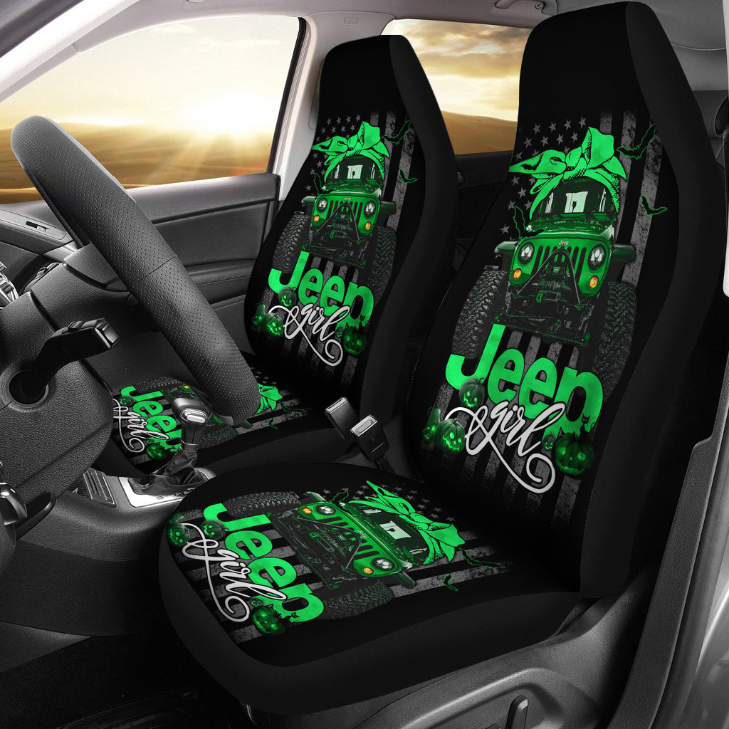 Halloween American Flag Green Jeep Girl Premium Custom Car Seat Covers Decor Protectors Nearkii