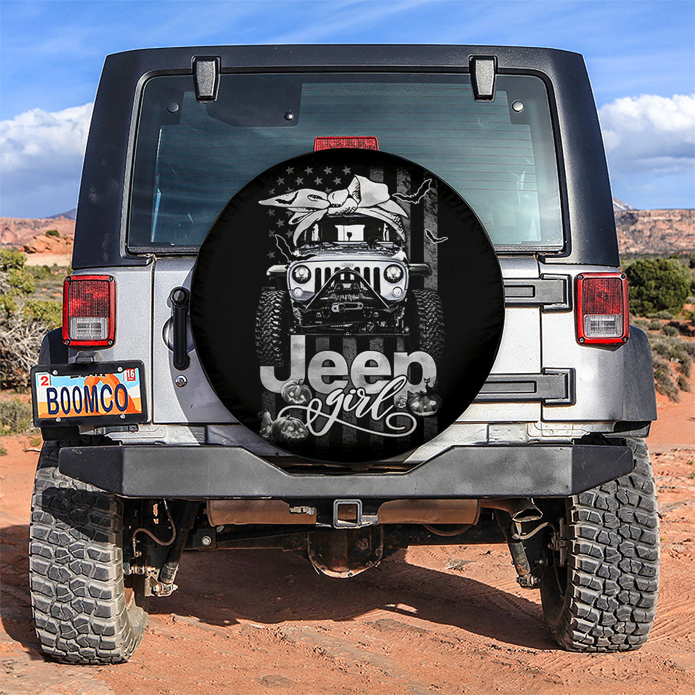 Halloween American Flag White Jeep Girl Car Spare Tire Covers Gift For Campers Nearkii